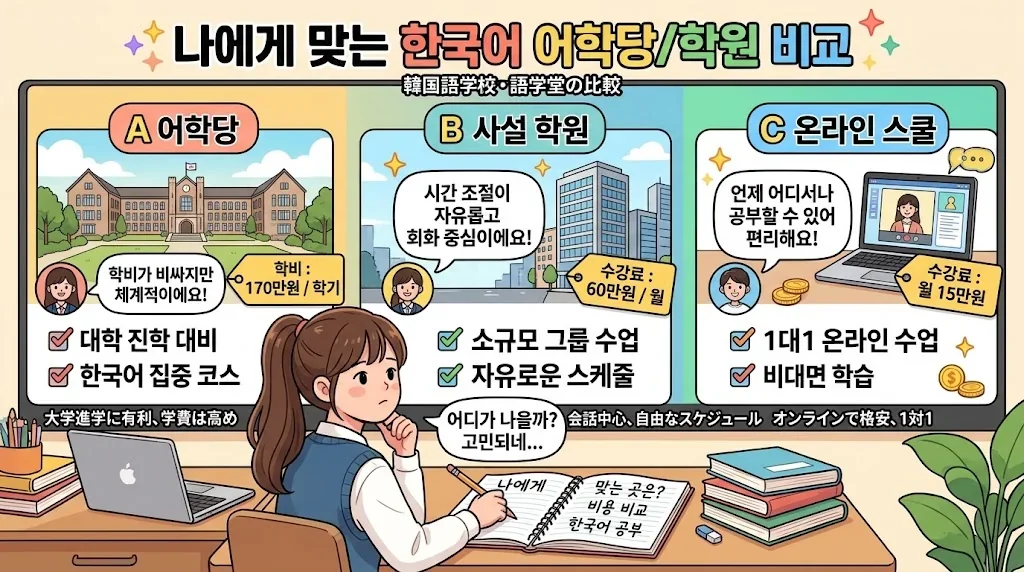 教室の特徴や料金を比較するイラスト