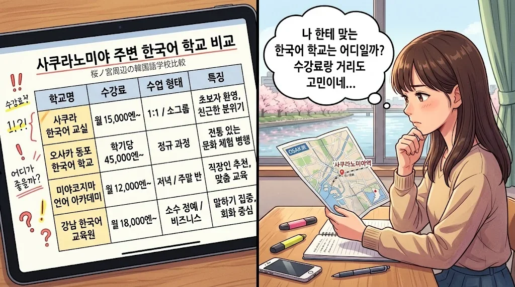 桜ノ宮周辺の韓国語教室の比較表を示したイラスト