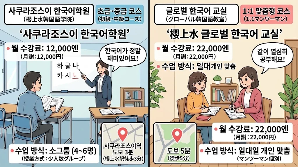 桜上水の韓国語教室の比較表を示したイラスト