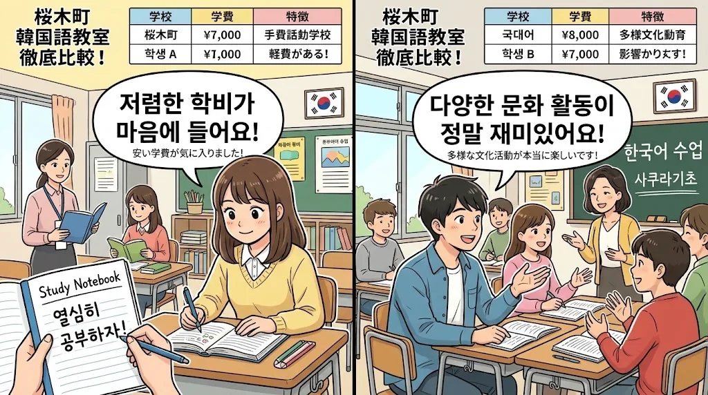 桜木町の韓国語教室の比較情報が一覧になったイラスト