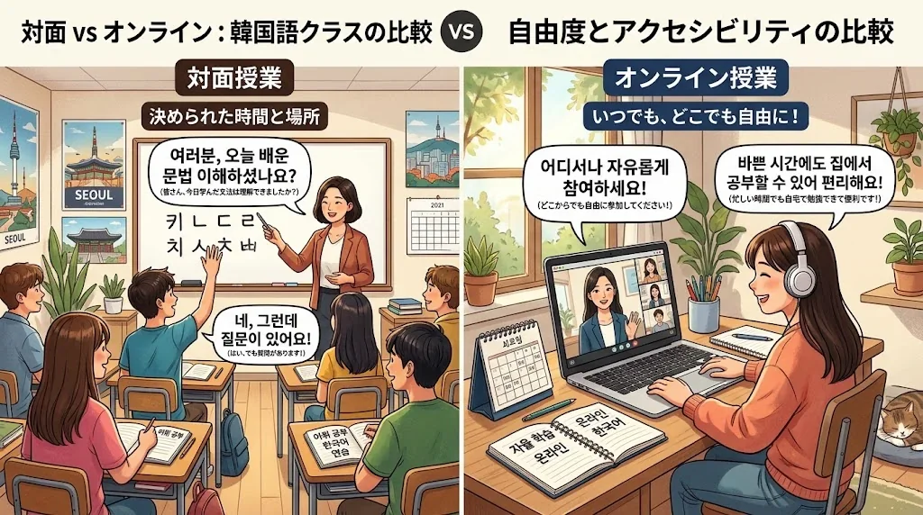 通学とオンライン授業の違いを示したイラスト。