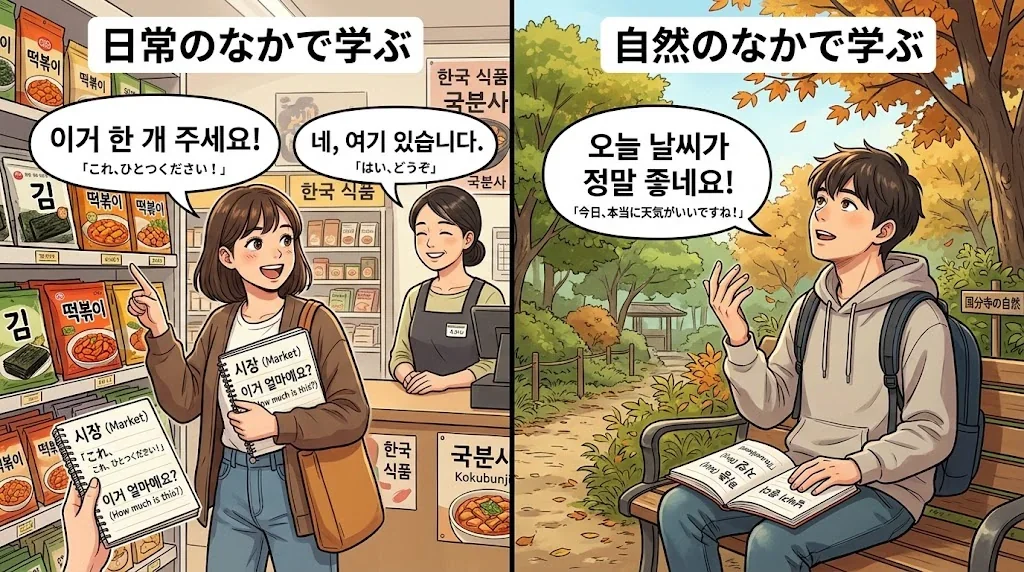国分寺の韓国語教室での学びの対比を描いたイラスト。