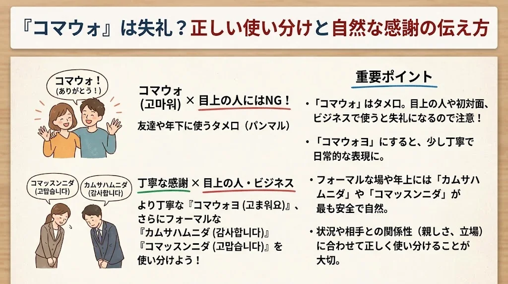 「コマウォ」は失礼？使い分けと自然な感謝の伝え方を解説（35字）の解説イメージ