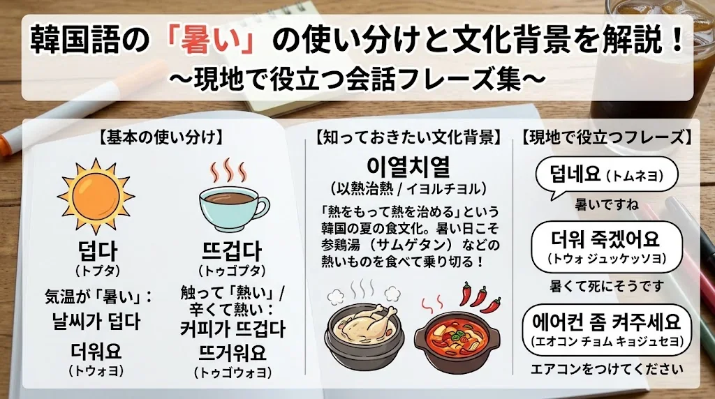 韓国語の「暑い」の使い分けと文化背景を解説!現地で役立つ会話フレーズ集の解説イメージ