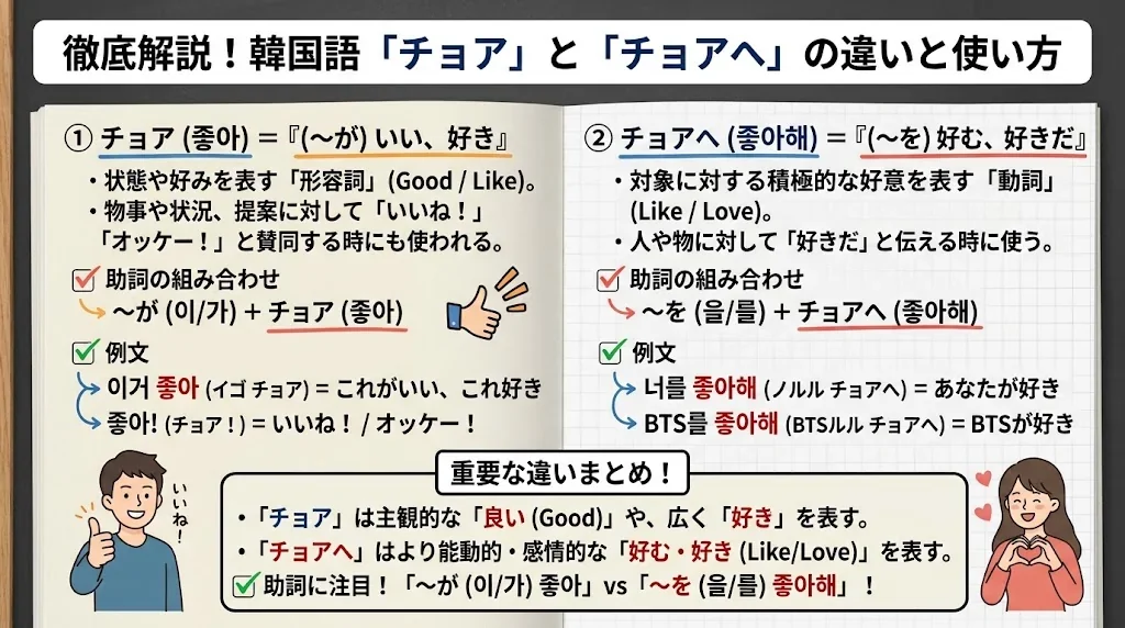 韓国語「チョア」と「チョアへ」の違いと使い方を徹底解説！の解説イメージ