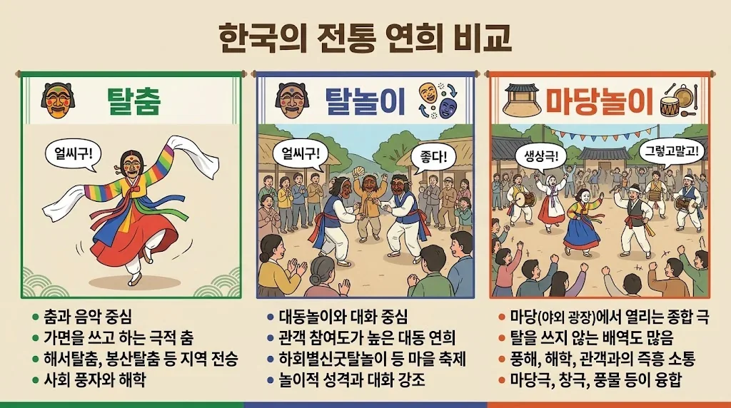 タルチュム、タルノリ、マダンノリの違いを示すインフォグラフィック