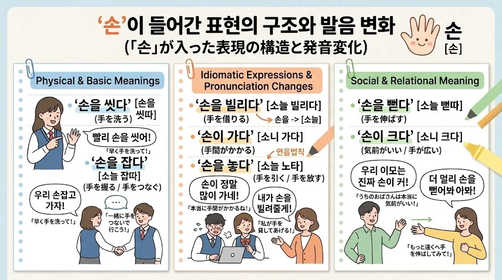 「손」に関連する発音や構造を図解したインフォグラフィック