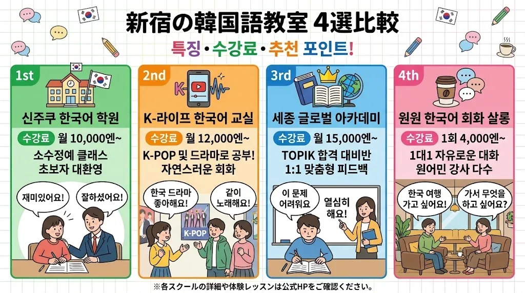 新座・志木エリアの韓国語教室の特徴を示すインフォグラフィック