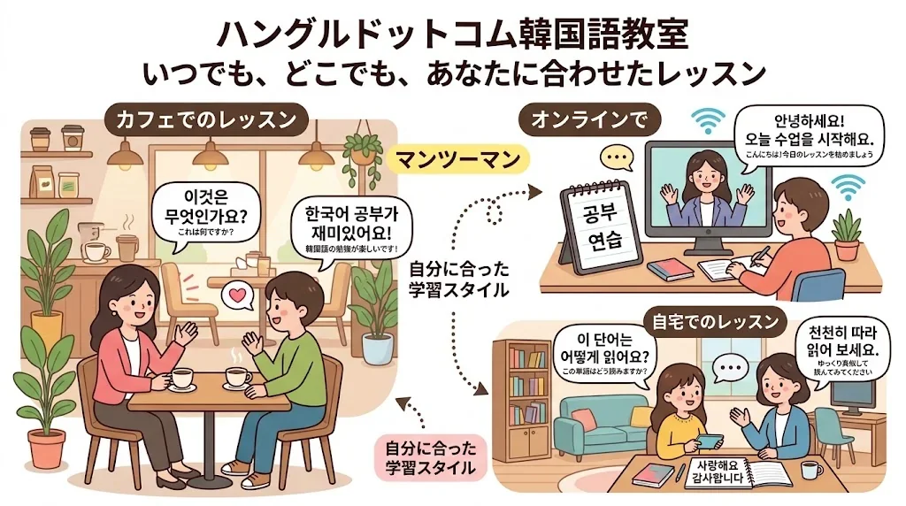 ハングルドットコムの柔軟な学習環境を示した図解