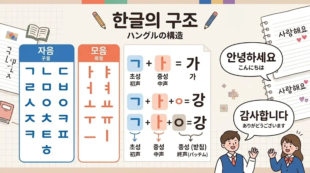 ハングルの構造を色分けした図解、基本母音と子音の説明