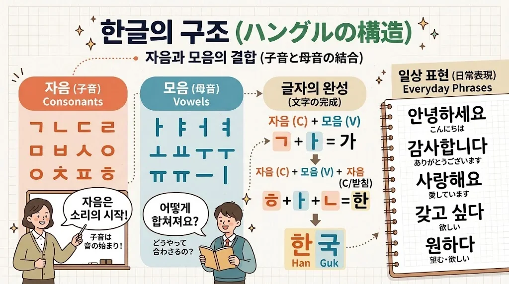 ハングルの母音と子音の構造を図解したインフォグラフィック