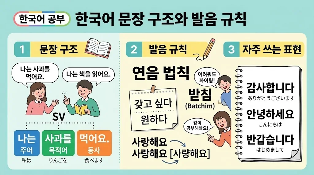 韓国語の構造や発音を示したインフォグラフィック
