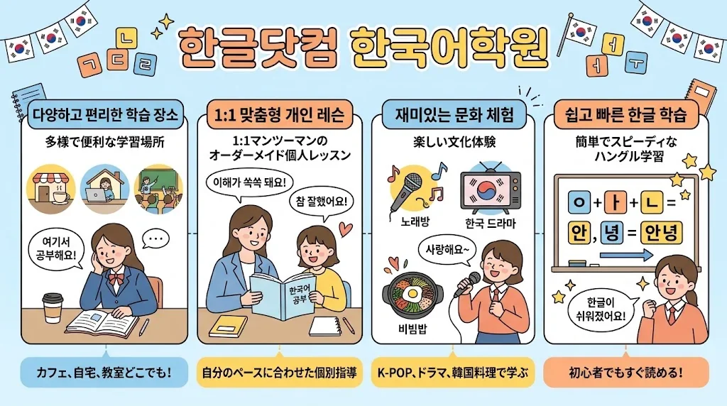 ハングルドットコムの特徴を図解したインフォグラフィック