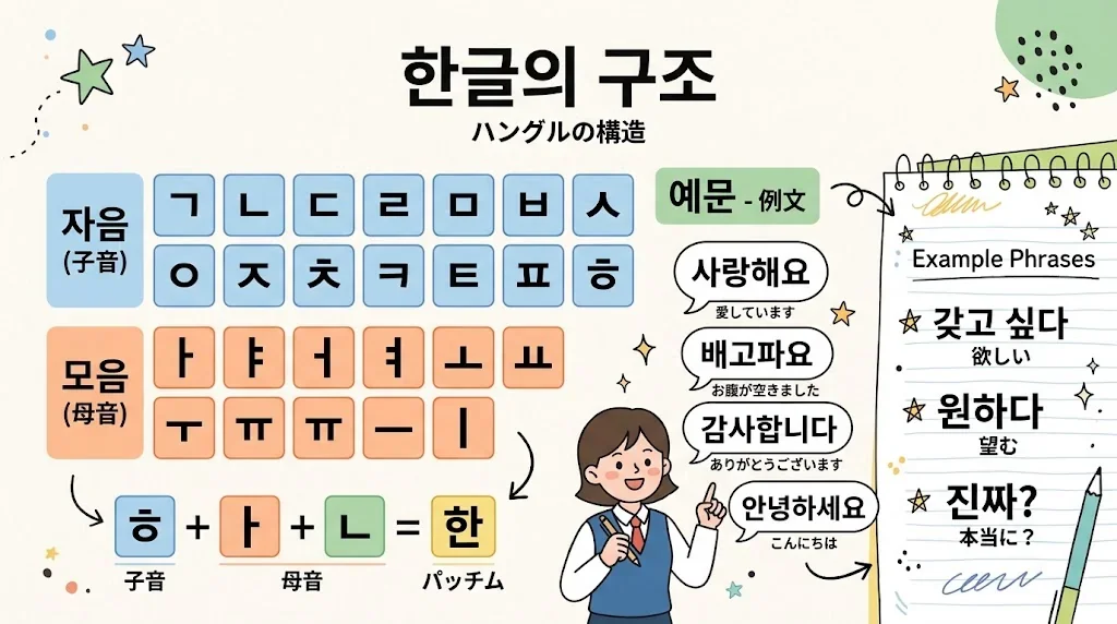 ハングルの母音と子音の構造を図解したインフォグラフィック