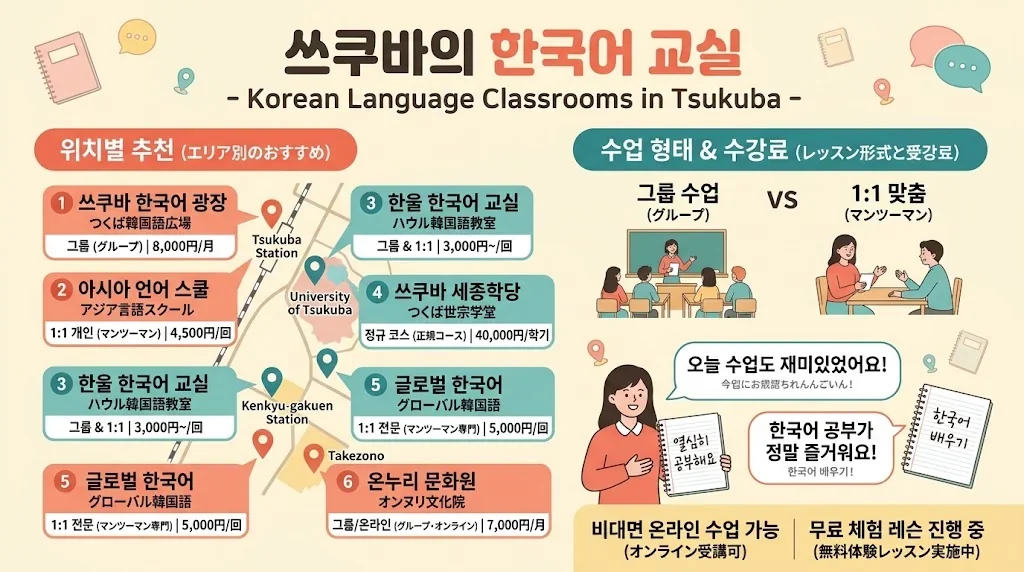 つくばの韓国語教室の特徴をまとめたインフォグラフィック。