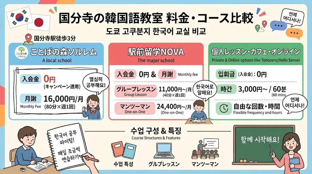 韓国語教室の料金やコースを示す色分け図解。