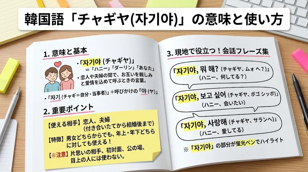 韓国語「チャギヤ」の意味と使い方!現地で役立つ会話フレーズ集の解説イメージ