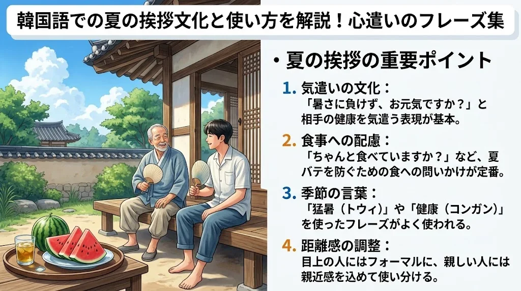 韓国語での夏の挨拶文化と使い方を解説!心遣いのフレーズ集(34字)の解説イメージ