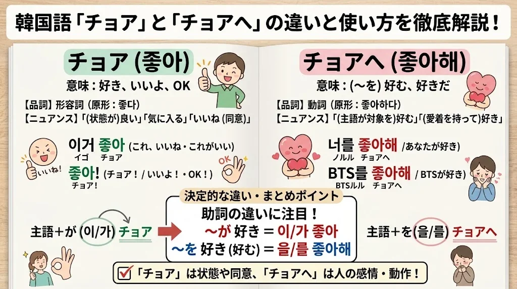 韓国語「チョア」と「チョアへ」の違いと使い方を徹底解説！の解説イメージ