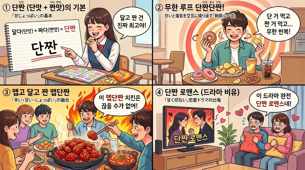 さまざまな場面での단짠の使い方を示すコラージュ画像