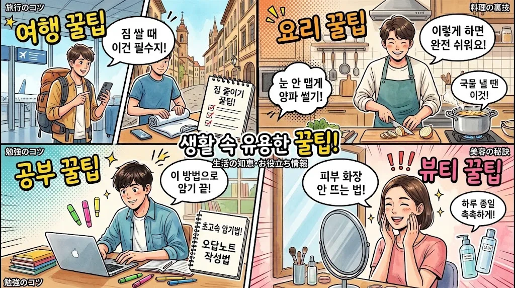 様々な場面での꿀팁を示すコラージュ。旅行や勉強のヒントが描かれている。