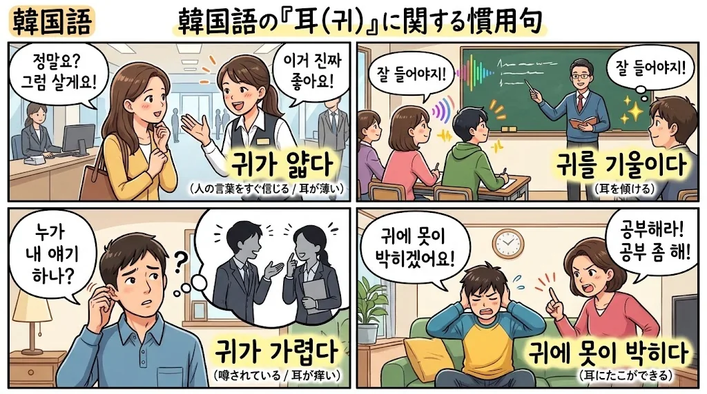 様々な場面での「耳」の表現を示すコラージュ画像