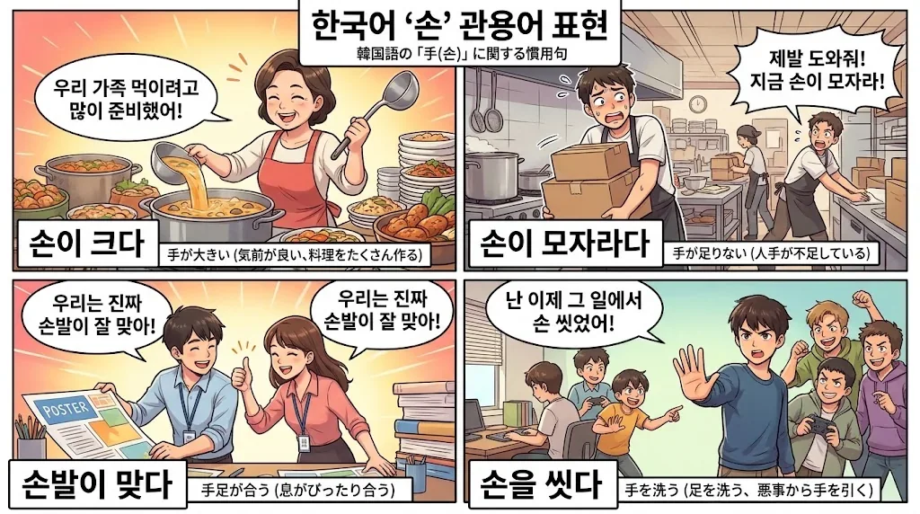 様々な場面での「손」を使った表現を示すコラージュ画像