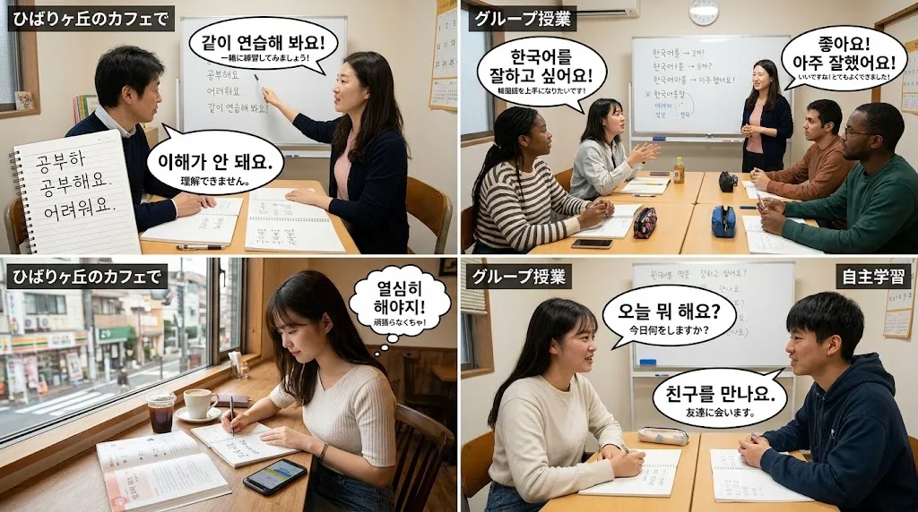 学習シーンを表現した4パネルのコラージュ画像