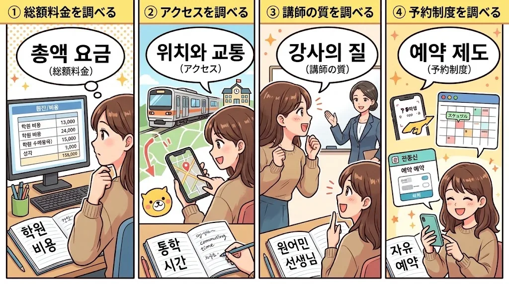 韓国語教室選びのステップを示したコラージュ画像