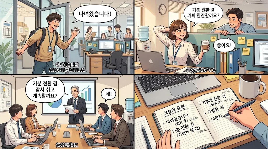 職場での会話を描いた4パネルのコラージュ画像