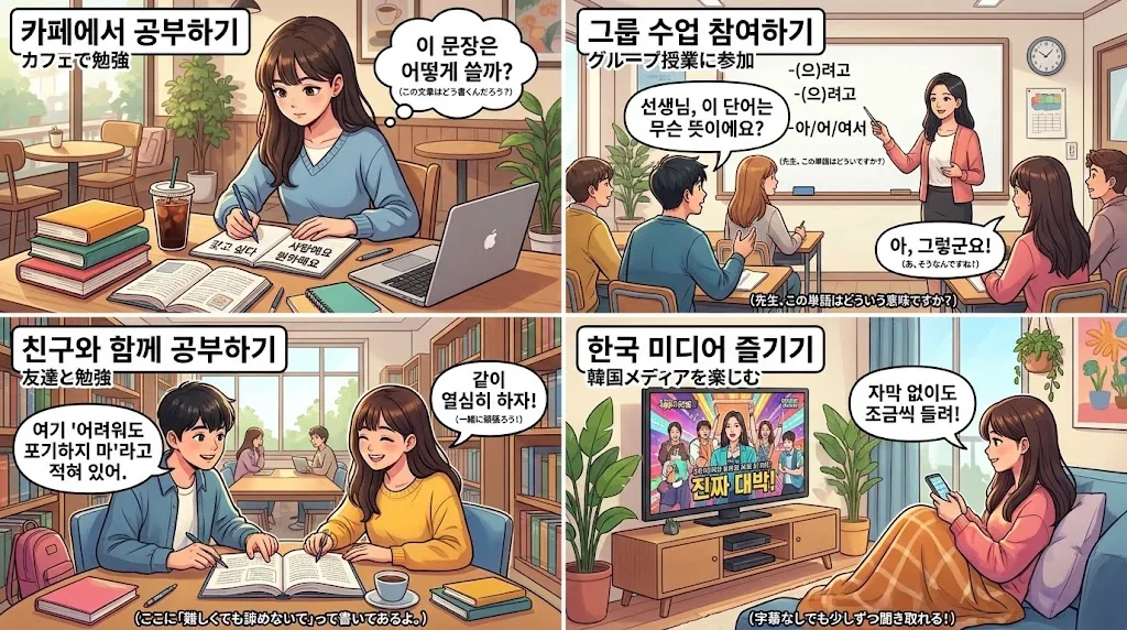 学習シーンを示す4パネルコラージュ、カフェやグループレッスンの様子
