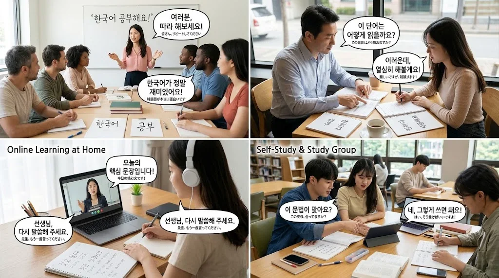 学習シーンを4つのパネルで示したコラージュ画像