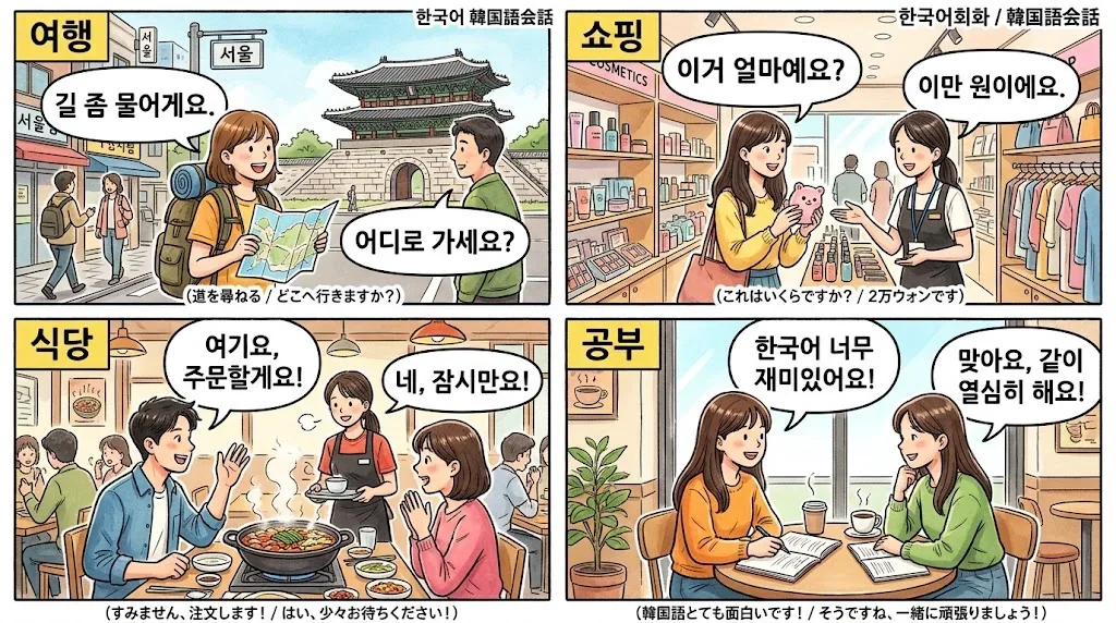 旅行や食事などで使える韓国語フレーズのコラージュ画像