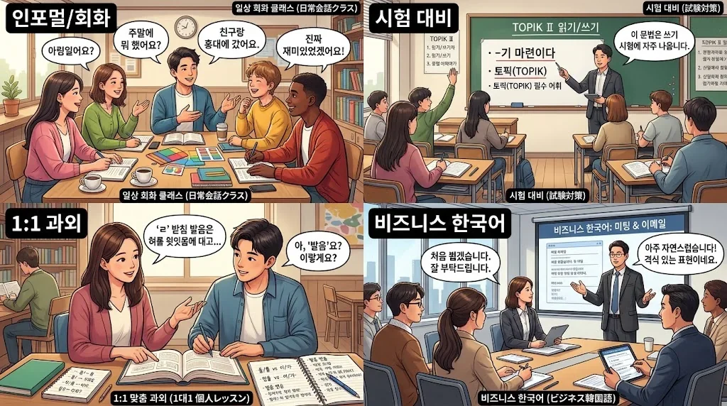 目的別の韓国語教室のタイプを紹介するコラージュ画像。