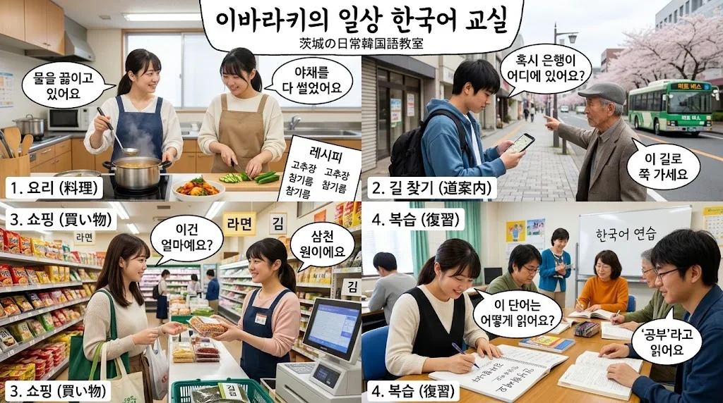 料理や道案内などのフレーズを使うシーンのコラージュ。