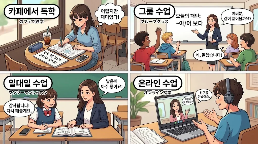 学習目的別の韓国語教室のシーンを描いたコラージュ