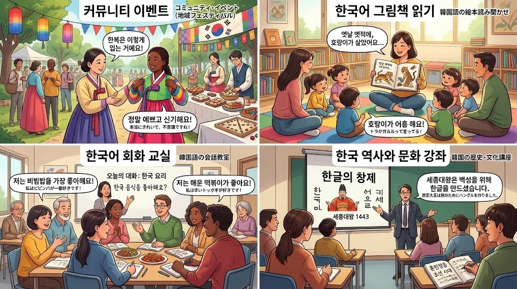 韓国文化を学ぶための多様なシーンを表現したコラージュ画像。
