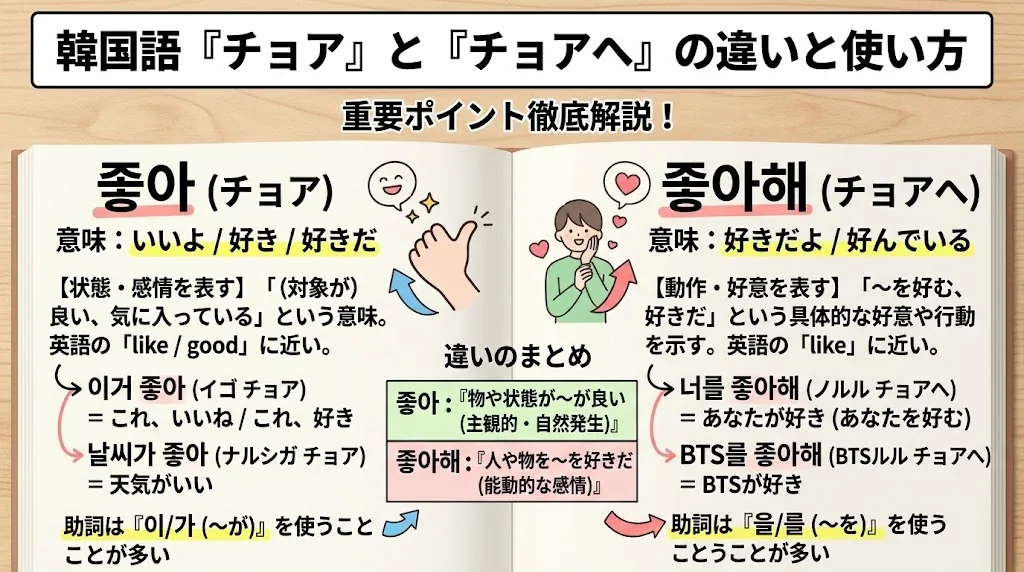 韓国語「チョア」と「チョアへ」の違いと使い方を徹底解説！の解説イメージ