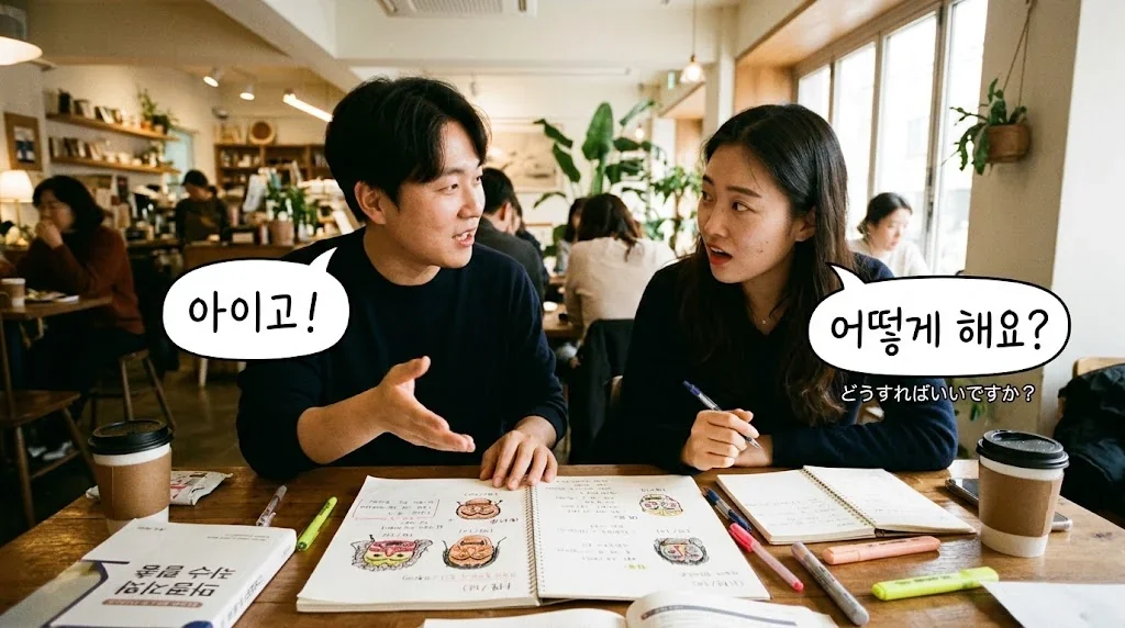 カフェで友人とタルチュムについて楽しく会話している様子