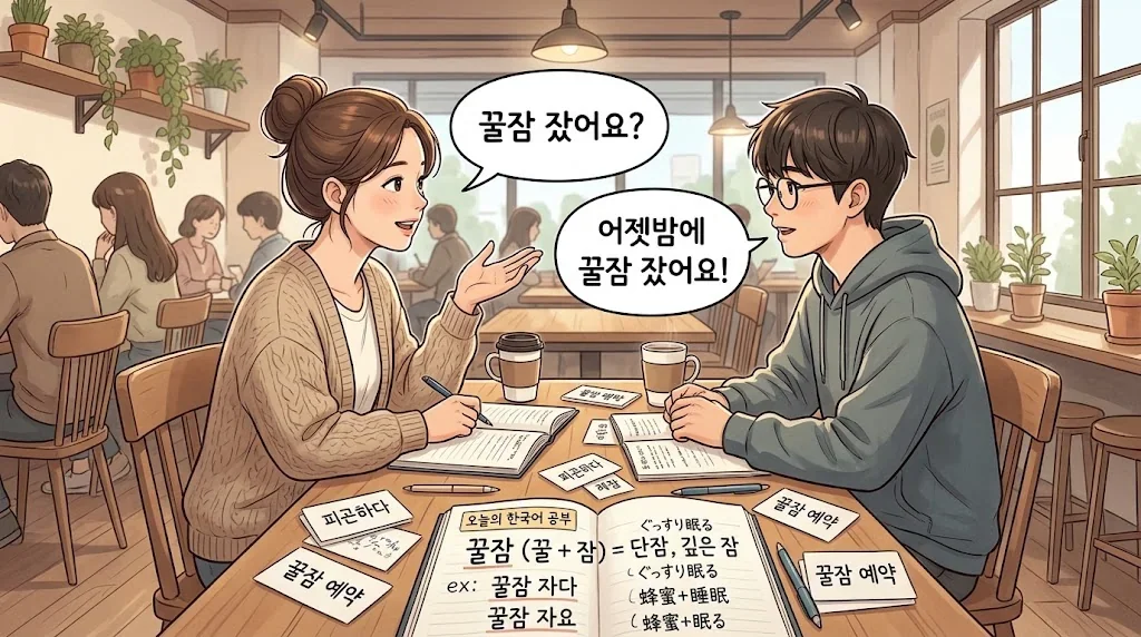 カフェで友人とノートを見ながら会話練習している様子を描いたイラスト。
