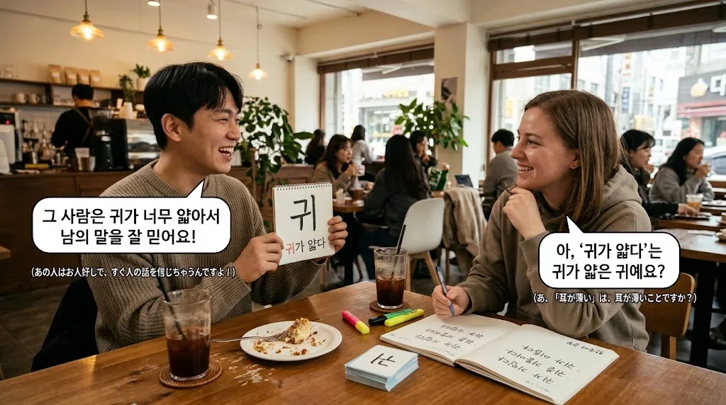 カフェで友人とフラッシュカードを使って会話練習している様子
