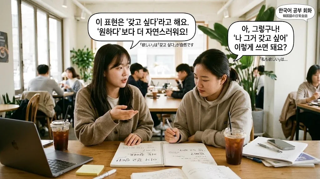 カフェで友人とノートを見ながら会話している様子