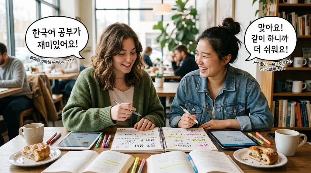 カフェで友人と一緒に韓国語を学ぶ様子