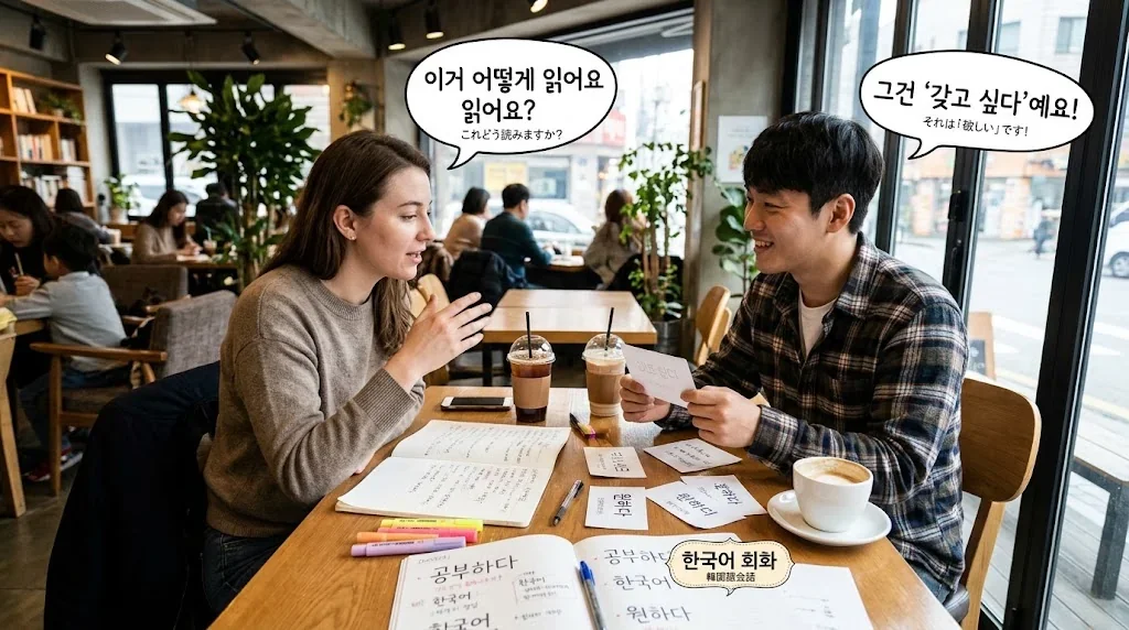 カフェで友人と楽しく韓国語を練習している様子