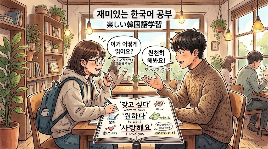 カフェで友人と韓国語を練習している様子