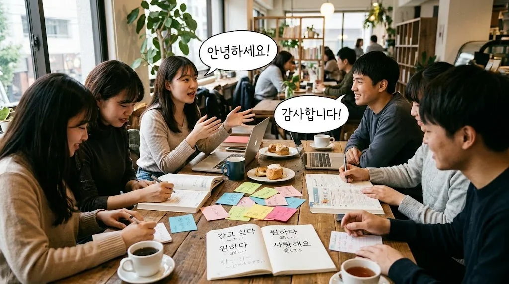 カフェで友達と韓国語を練習している様子