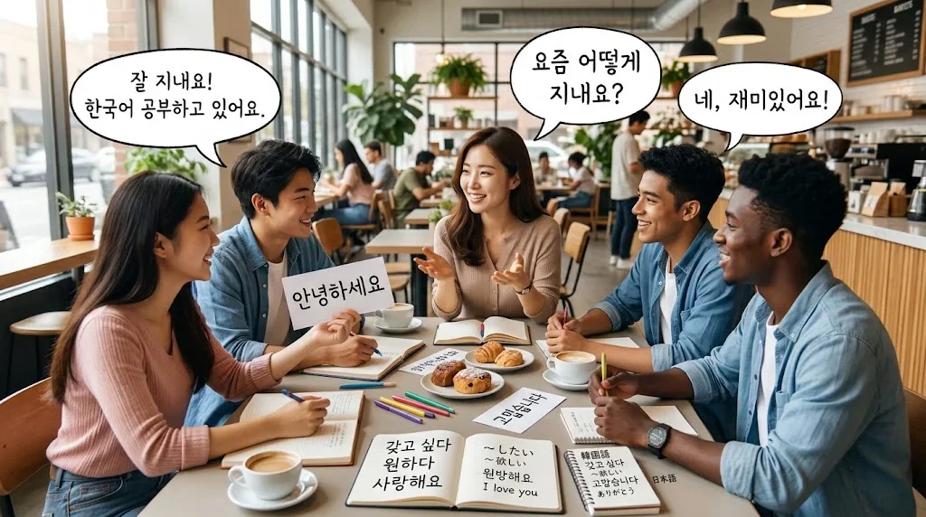 カフェで友人と韓国語を練習している楽しそうな様子