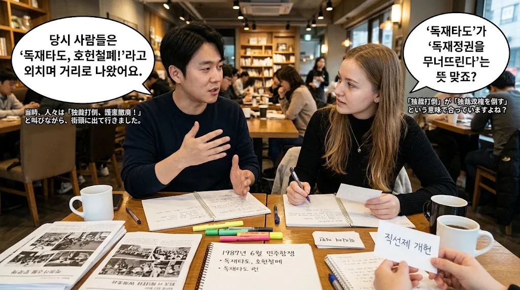 カフェで歴史的表現を学ぶ友人同士の楽しい会話シーン