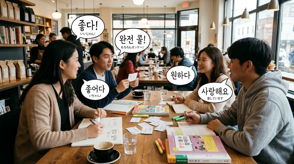 カフェで友人と韓国語を練習している様子