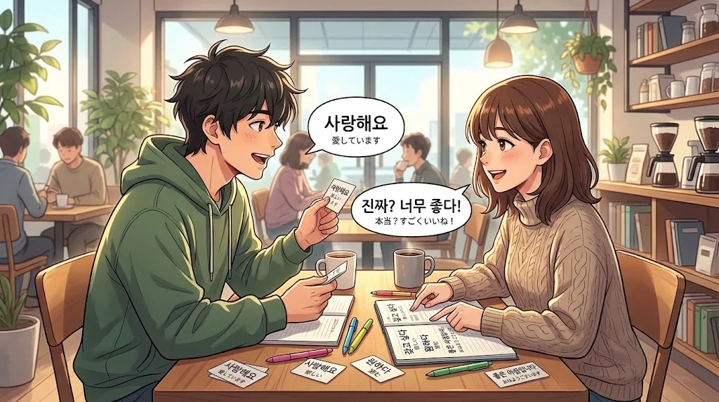 カフェで友人とフラッシュカードを使って楽しく会話練習している様子